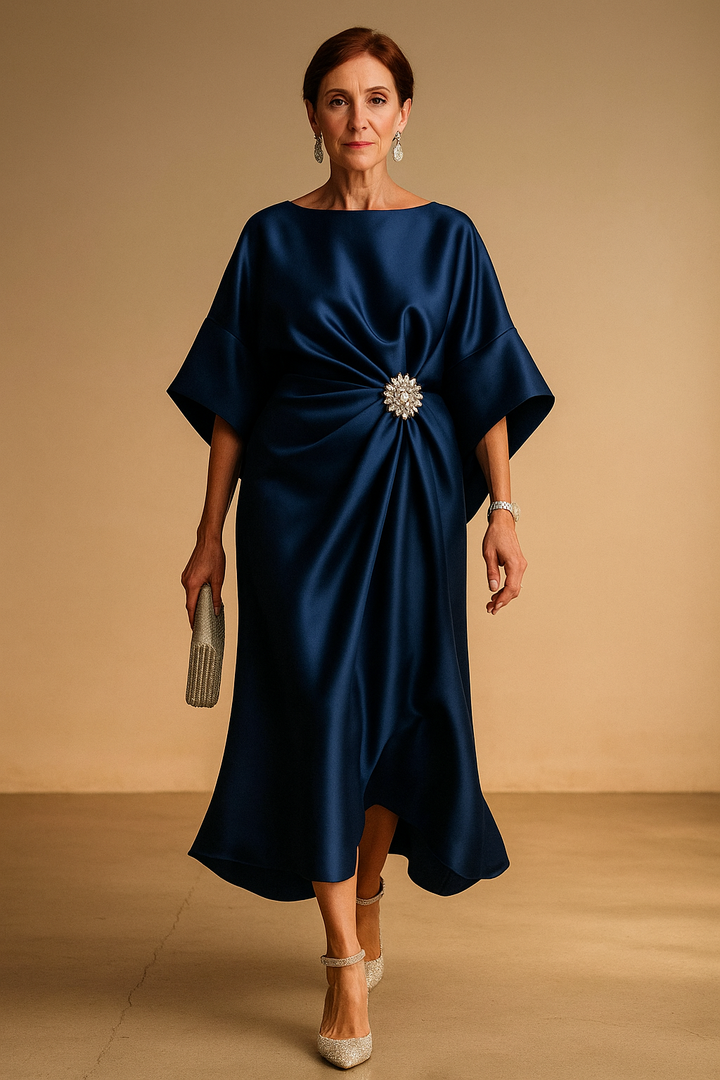 Lucia™ |Satin dress with jewelled drape and wide sleeves