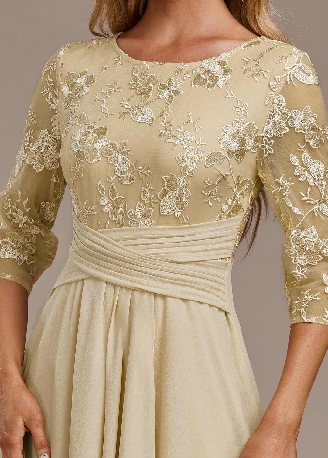 Karla™ | Champagne Embroidery 3/4 Sleeve Round Neck Dress
